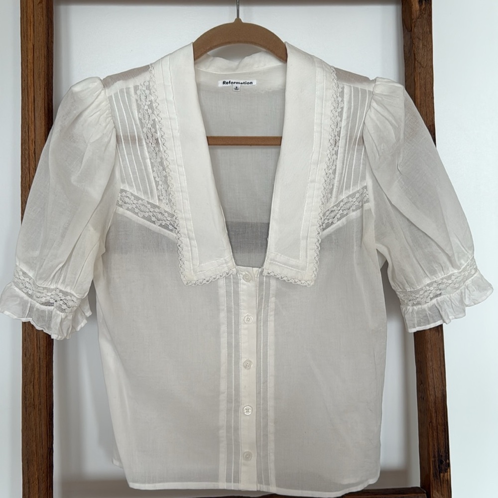 Reformation Ivory Puff Sleeve Lace Trim Blouse - Picture 3 of 7